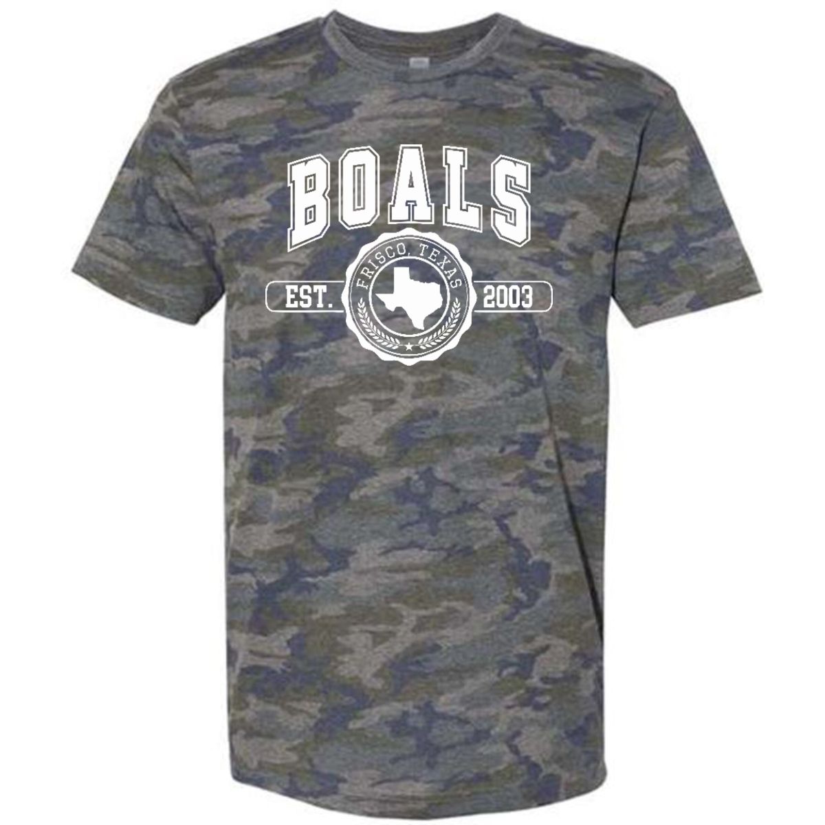 Boals spirit wear camo T-shirt printed with BOALS in block letters above a Frisco, Texas seal and EST. 2003.